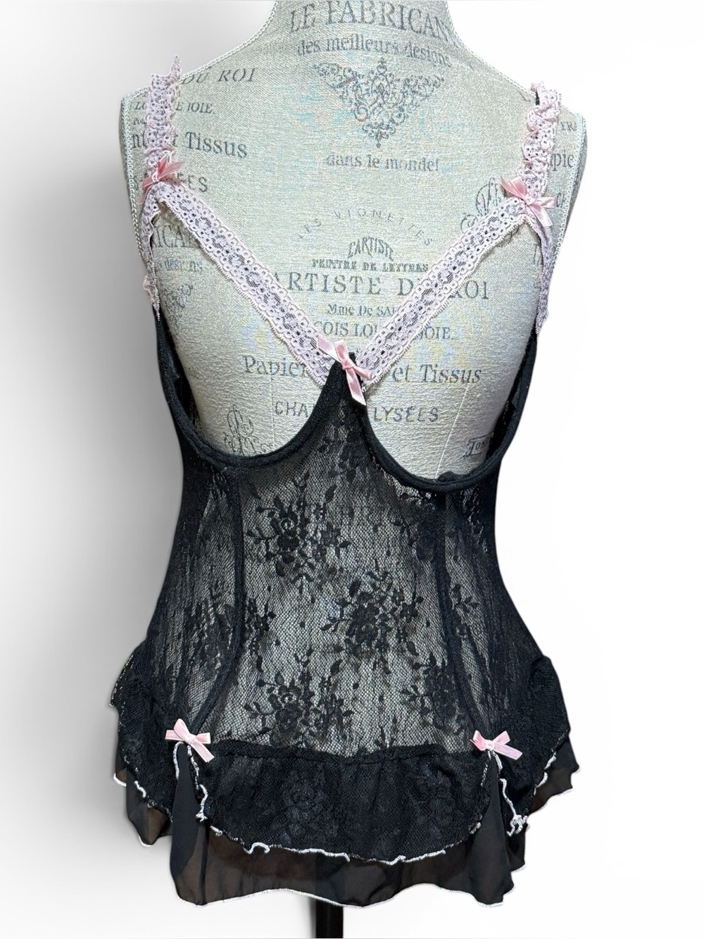 VX Intimate Black Mesh Lace Open Cup Lingerie Light Pink Lace and Bows Straps 1X